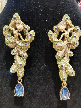 Mythological Siren Pierced Earrings With Multicolored Rhinestones
